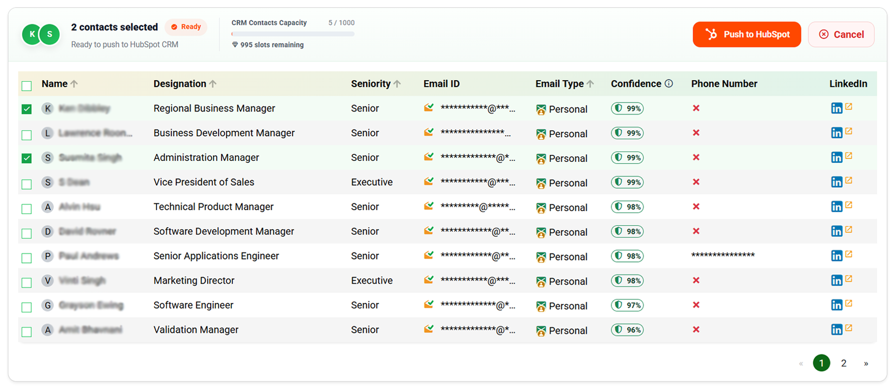 AgentsVerse screen showing selected contacts ready to push to HubSpot CRM