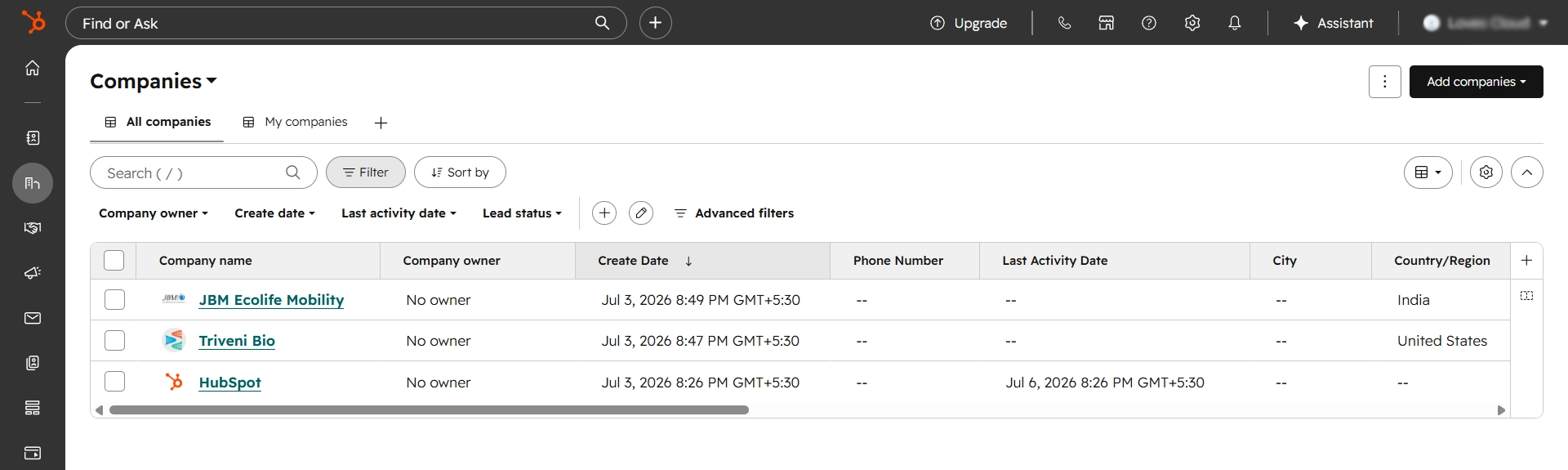 HubSpot companies screen showing company records synced from AgentsVerse
