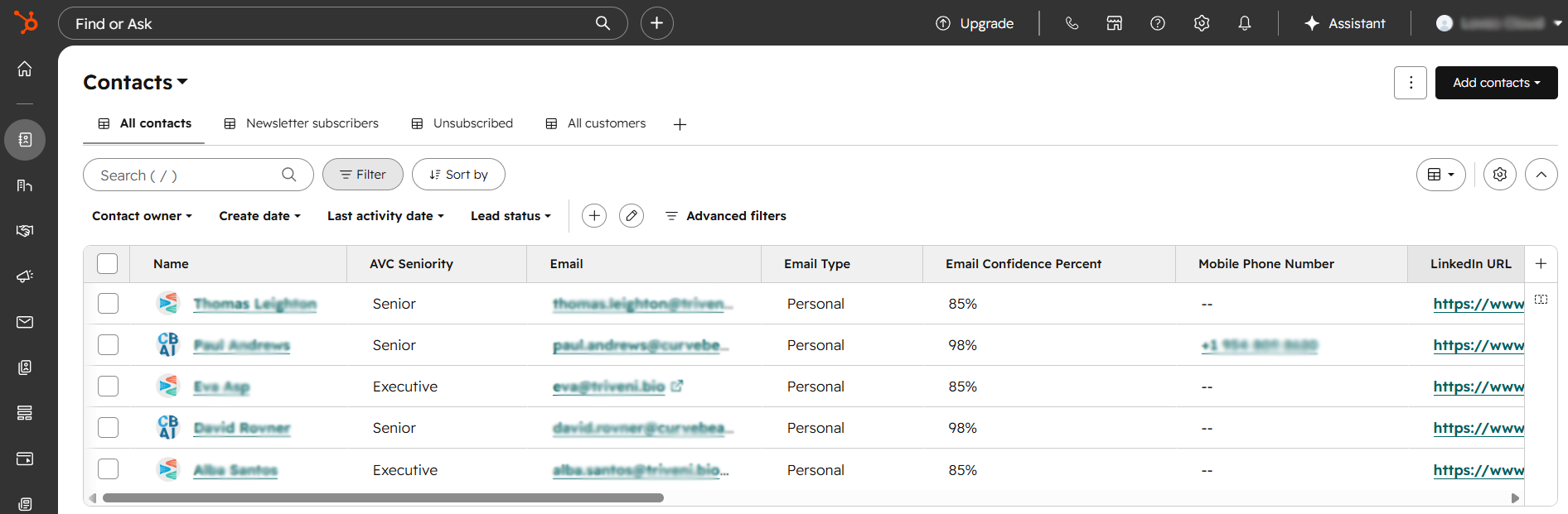 HubSpot contacts screen showing contact records synced from AgentsVerse